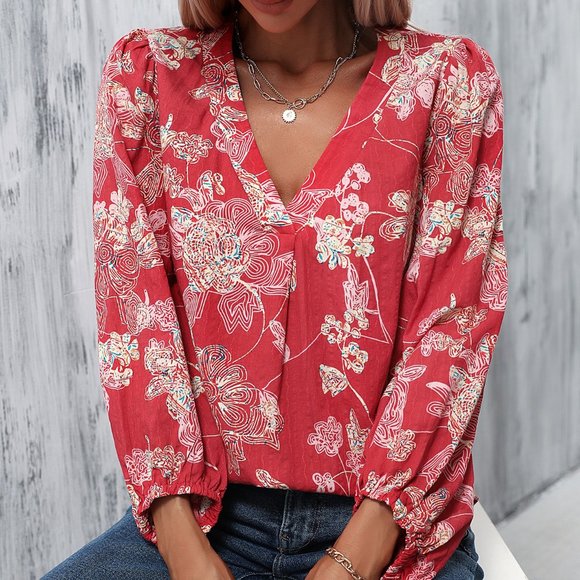 New Floral Print Lantern Sleeve Blouse Red - Picture 5 of 6